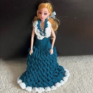 Handmade Teal and White Crochet Doll Dress